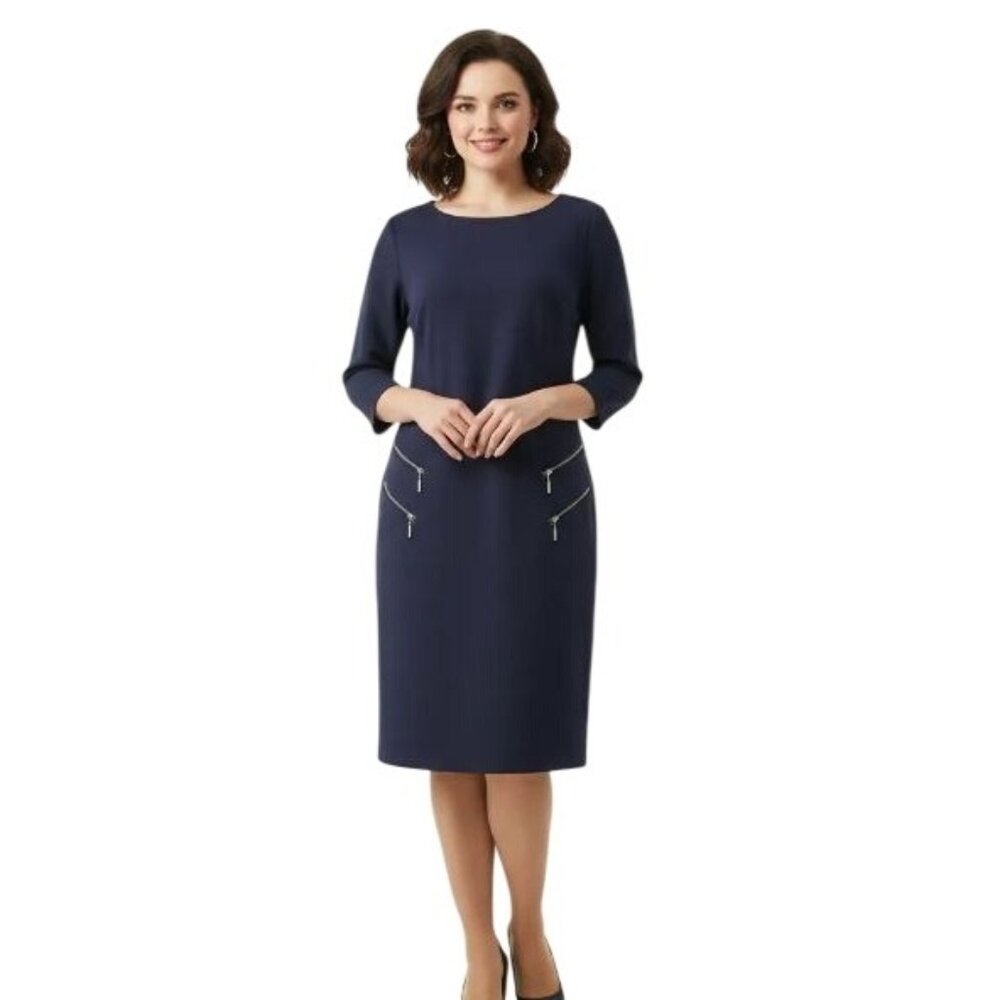 Nina Leonard Women’s Navy Blue Zippered Pockets 3/4 Sleeve Sheath Dress Medium